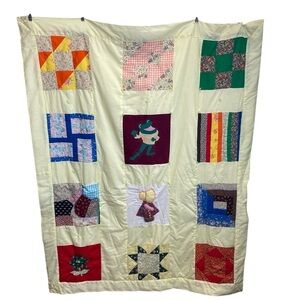 Vintage 70s handmade baby quilt yellow with squares, frog, cottagecore